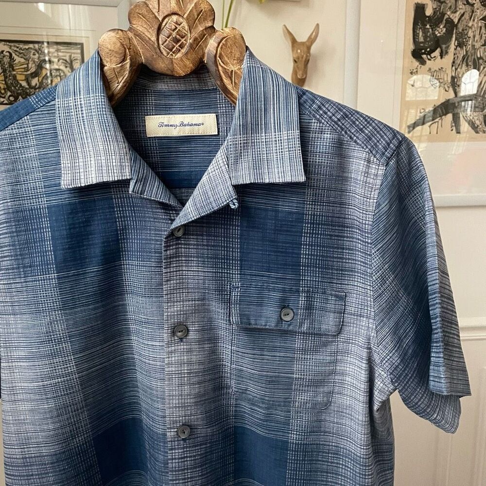 Tommy Bahama Silk Cotton Blue Plaid Short Sleeve Button Up Shirt M